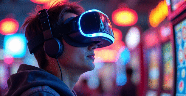 Pemain mengenakan headset VR di lingkungan slot futuristik
